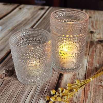 Customized Embossed Beads Strings Glass Votive Candle Holders ,  Glass Cylinder Candle Holders