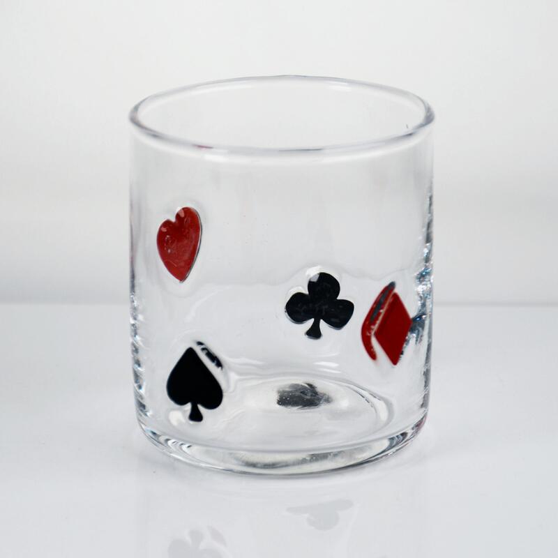 calidad Icono de póquer soplado a mano Vaso de whisky, 400 ml de tumbler claro con corazón, palo, club y trajes de diamantes, vidrio antiguo para whisky, cócteles, jugo fábrica