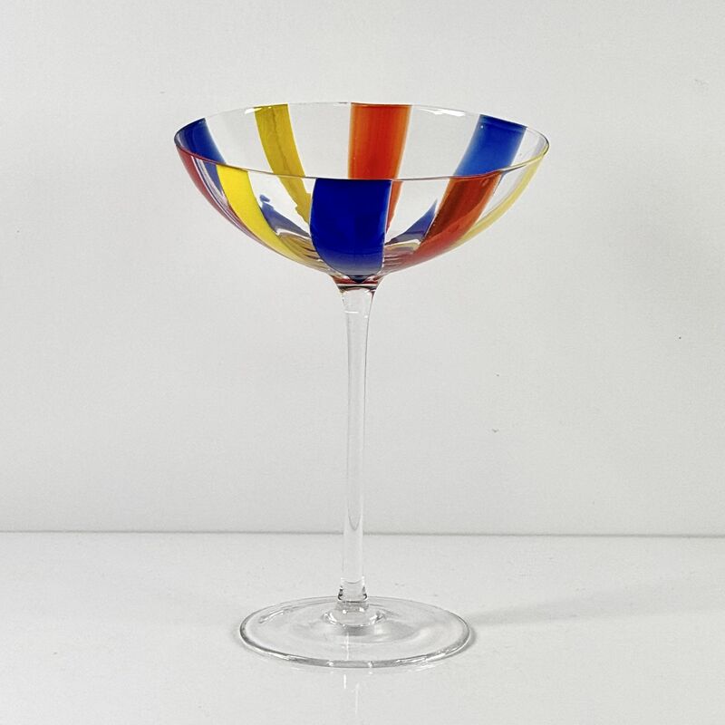 Calidad Hand Blown Art Glass Goblet & Coupe Glass Set, Vibrant Red Yellow Blue Vertical Cane Stripes Murano Style Stemmed Wine & Martini Glasses for Bar, Party & Gift fábrica