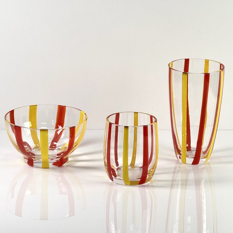 Calidad Hand Blown Colored Cane Striped Glass Tumbler & Bowl Set, Murano Style Red Yellow Vertical Stripe Drinking Cups and Snack Bowl, Lead-Free Art Glass for Water, Juice, Table Decor fábrica