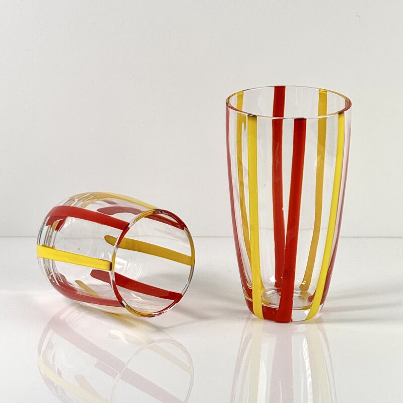 Calidad Hand Blown Colored Cane Striped Glass Tumbler & Bowl Set, Murano Style Red Yellow Vertical Stripe Drinking Cups and Snack Bowl, Lead-Free Art Glass for Water, Juice, Table Decor fábrica