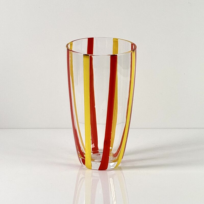 Calidad Hand Blown Colored Cane Striped Glass Tumbler & Bowl Set, Murano Style Red Yellow Vertical Stripe Drinking Cups and Snack Bowl, Lead-Free Art Glass for Water, Juice, Table Decor fábrica