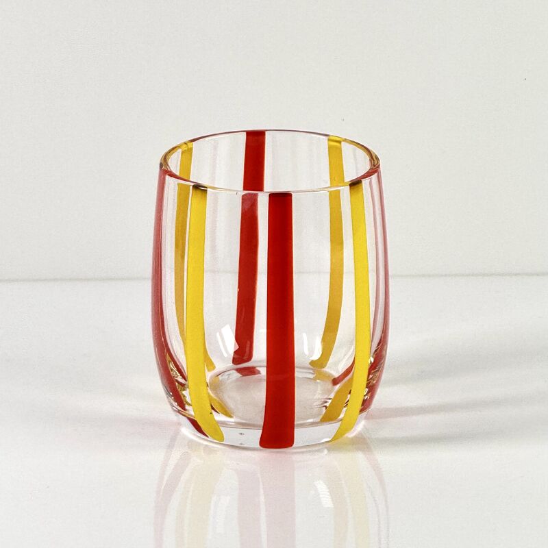 Calidad Hand Blown Colored Cane Striped Glass Tumbler & Bowl Set, Murano Style Red Yellow Vertical Stripe Drinking Cups and Snack Bowl, Lead-Free Art Glass for Water, Juice, Table Decor fábrica