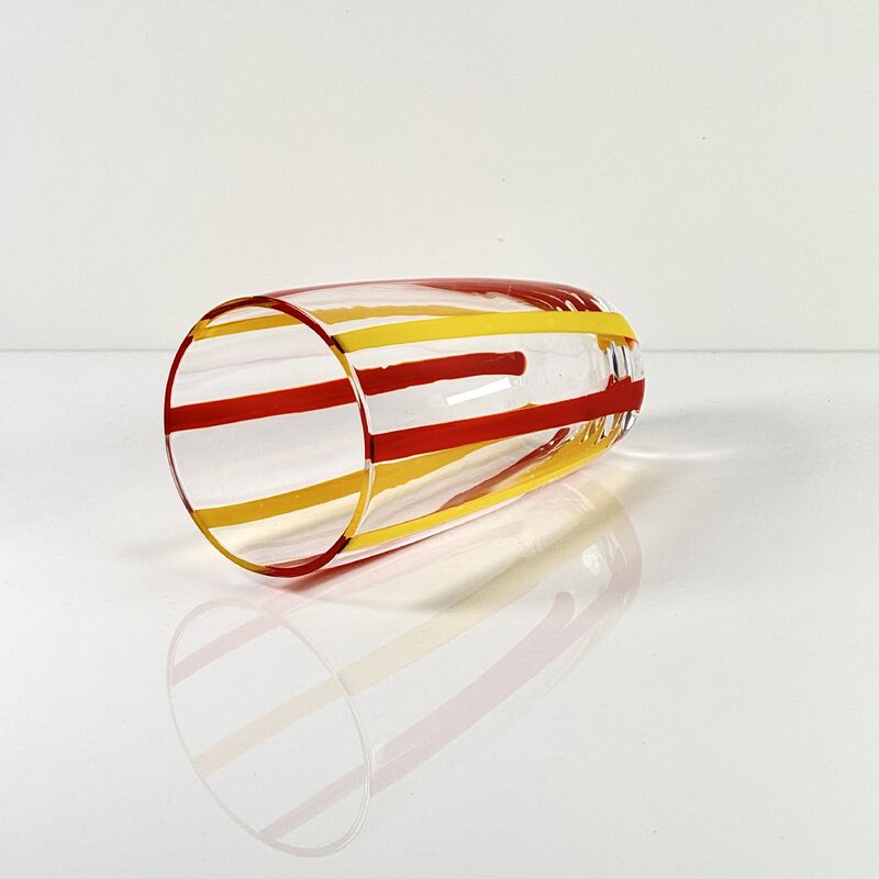 Calidad Hand Blown Colored Cane Striped Glass Tumbler & Bowl Set, Murano Style Red Yellow Vertical Stripe Drinking Cups and Snack Bowl, Lead-Free Art Glass for Water, Juice, Table Decor fábrica