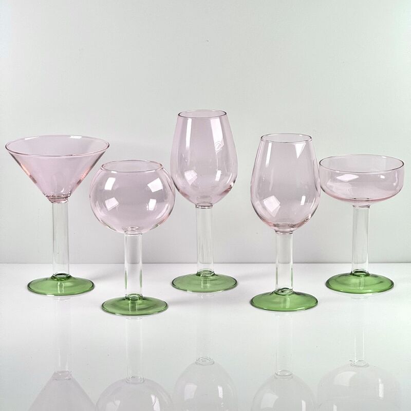 Calidad Hand Blown Borosilicate Stemmed Wine & Cocktail Glass Set, Pink Bowl with Green Hollow Stem Base, Colored Spray Tinted Art Goblets for Bar, Wedding & Table Decor fábrica