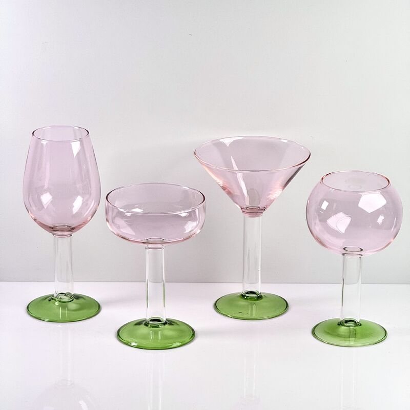 Calidad Hand Blown Borosilicate Stemmed Wine & Cocktail Glass Set, Pink Bowl with Green Hollow Stem Base, Colored Spray Tinted Art Goblets for Bar, Wedding & Table Decor fábrica