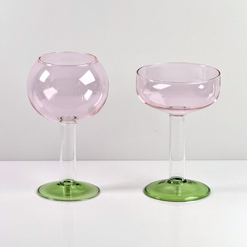 Calidad Hand Blown Borosilicate Stemmed Wine & Cocktail Glass Set, Pink Bowl with Green Hollow Stem Base, Colored Spray Tinted Art Goblets for Bar, Wedding & Table Decor fábrica