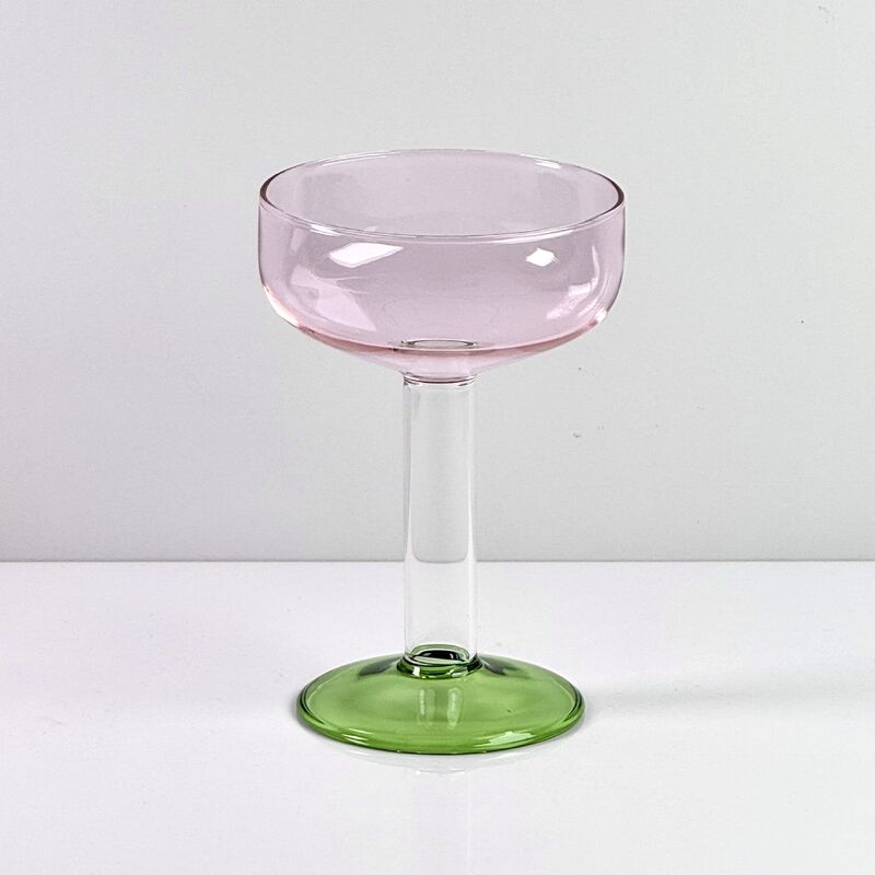 Calidad Hand Blown Borosilicate Stemmed Wine & Cocktail Glass Set, Pink Bowl with Green Hollow Stem Base, Colored Spray Tinted Art Goblets for Bar, Wedding & Table Decor fábrica