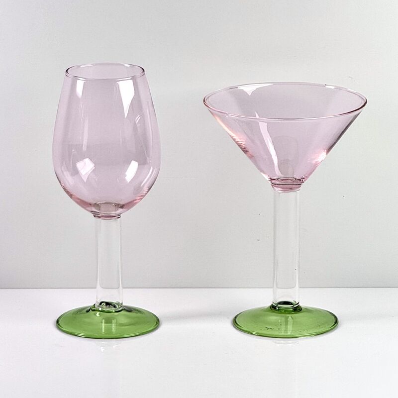 Calidad Hand Blown Borosilicate Stemmed Wine & Cocktail Glass Set, Pink Bowl with Green Hollow Stem Base, Colored Spray Tinted Art Goblets for Bar, Wedding & Table Decor fábrica