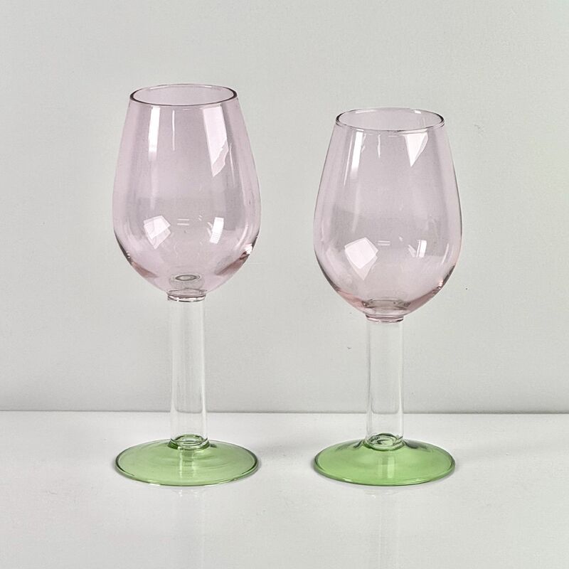 Calidad Hand Blown Borosilicate Stemmed Wine & Cocktail Glass Set, Pink Bowl with Green Hollow Stem Base, Colored Spray Tinted Art Goblets for Bar, Wedding & Table Decor fábrica