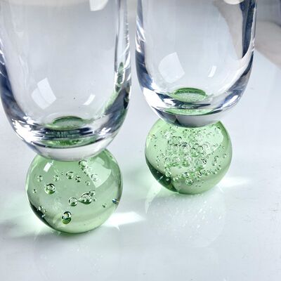 calidad Conjunto de 2 vasos de champán soplados a mano, base de esfera de burbuja verde flautas modernas sin tallo para vino espumoso Prosecco Decoración del hogar fábrica