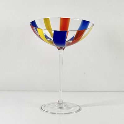 Calidad Hand Blown Art Glass Goblet & Coupe Glass Set, Vibrant Red Yellow Blue Vertical Cane Stripes Murano Style Stemmed Wine & Martini Glasses for Bar, Party & Gift fábrica