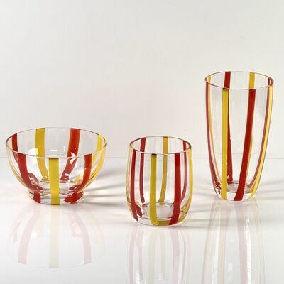Calidad Hand Blown Colored Cane Striped Glass Tumbler & Bowl Set, Murano Style Red Yellow Vertical Stripe Drinking Cups and Snack Bowl, Lead-Free Art Glass for Water, Juice, Table Decor fábrica