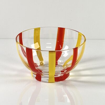 Calidad Hand Blown Colored Cane Striped Glass Tumbler & Bowl Set, Murano Style Red Yellow Vertical Stripe Drinking Cups and Snack Bowl, Lead-Free Art Glass for Water, Juice, Table Decor fábrica