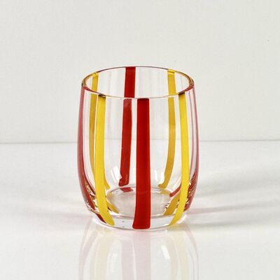 Calidad Hand Blown Colored Cane Striped Glass Tumbler & Bowl Set, Murano Style Red Yellow Vertical Stripe Drinking Cups and Snack Bowl, Lead-Free Art Glass for Water, Juice, Table Decor fábrica
