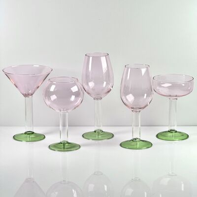 Calidad Hand Blown Borosilicate Stemmed Wine & Cocktail Glass Set, Pink Bowl with Green Hollow Stem Base, Colored Spray Tinted Art Goblets for Bar, Wedding & Table Decor fábrica