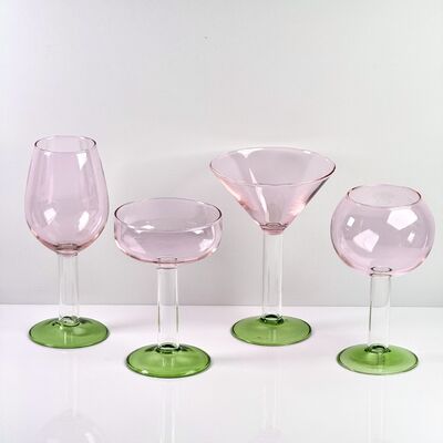 Calidad Hand Blown Borosilicate Stemmed Wine & Cocktail Glass Set, Pink Bowl with Green Hollow Stem Base, Colored Spray Tinted Art Goblets for Bar, Wedding & Table Decor fábrica