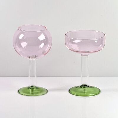 Calidad Hand Blown Borosilicate Stemmed Wine & Cocktail Glass Set, Pink Bowl with Green Hollow Stem Base, Colored Spray Tinted Art Goblets for Bar, Wedding & Table Decor fábrica