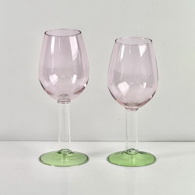 Calidad Hand Blown Borosilicate Stemmed Wine & Cocktail Glass Set, Pink Bowl with Green Hollow Stem Base, Colored Spray Tinted Art Goblets for Bar, Wedding & Table Decor fábrica
