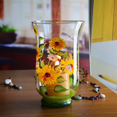 calidad Portadores de velas de vidrio con patrón de girasol pintados a mano para el hogar fábrica