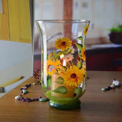 calidad Portadores de velas de vidrio con patrón de girasol pintados a mano para el hogar fábrica