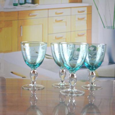 calidad Vintage estilo escandinavo grabado cristal turquesa vaso de vino, cristal claro vaso de copa fábrica