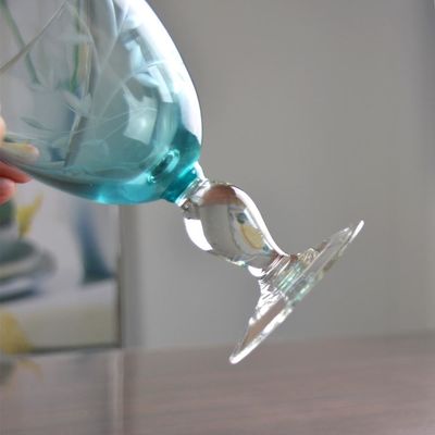 calidad Vintage estilo escandinavo grabado cristal turquesa vaso de vino, cristal claro vaso de copa fábrica