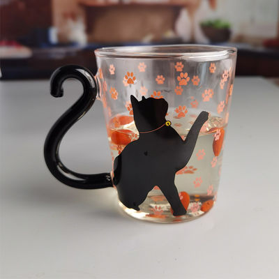 calidad Taza de vidrio de té de gato negro de borosilicato con mango de cola de color fábrica
